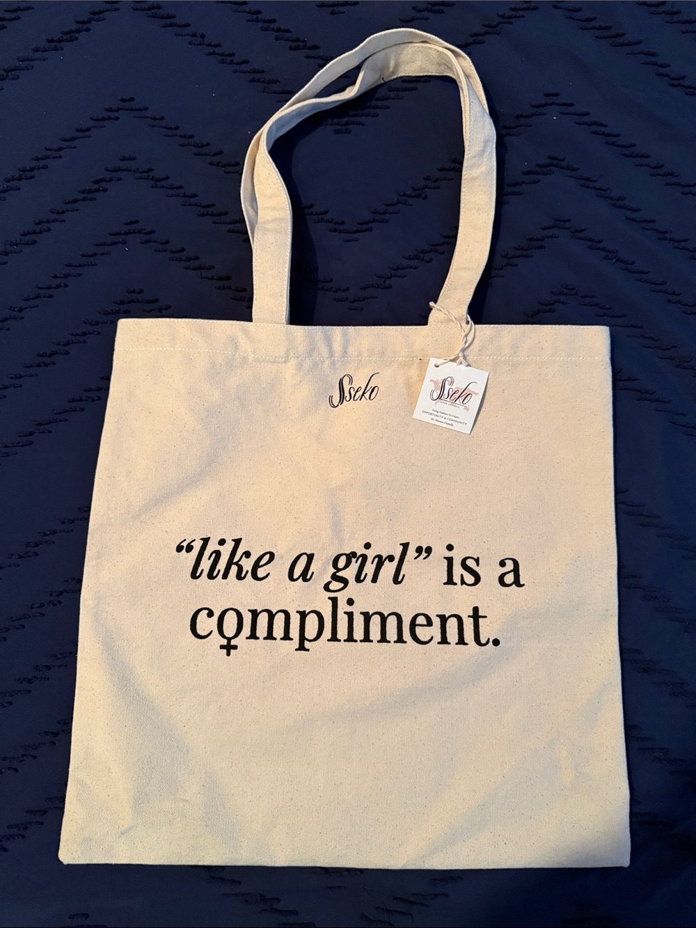 NWT Sseko Natural Canvas Tote with Black "like a girl" Print